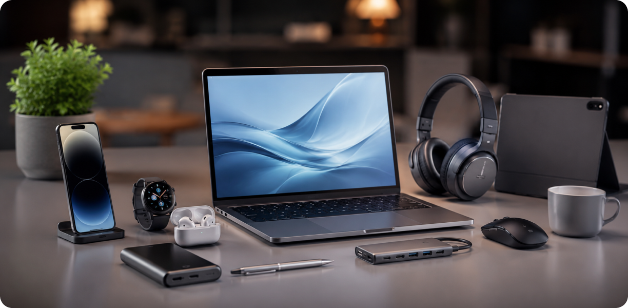 Elite tech product collection on a workspace